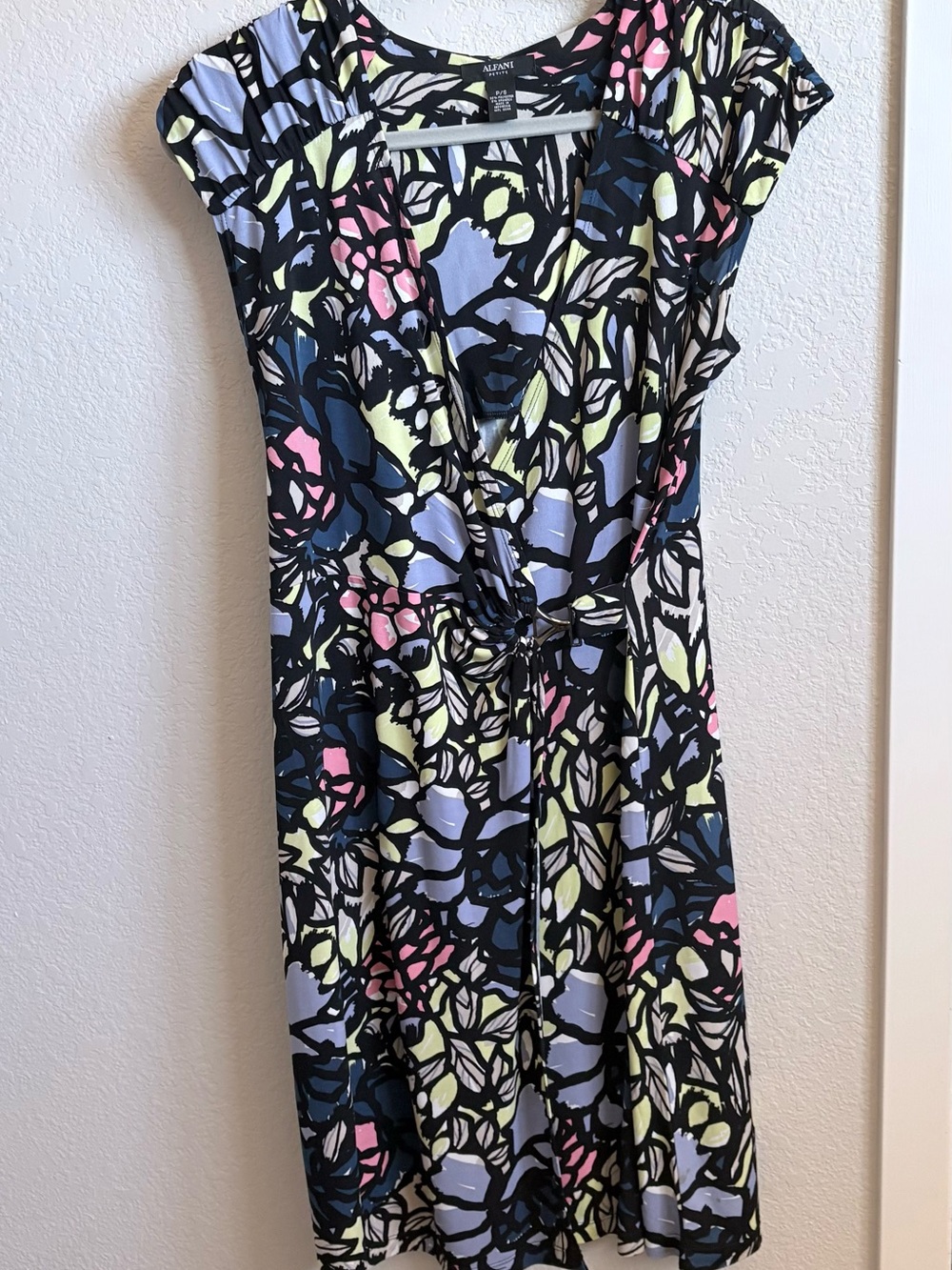 Alfani Black Floral Midi Dress with Pastel Pink, Blue & Lime Accents